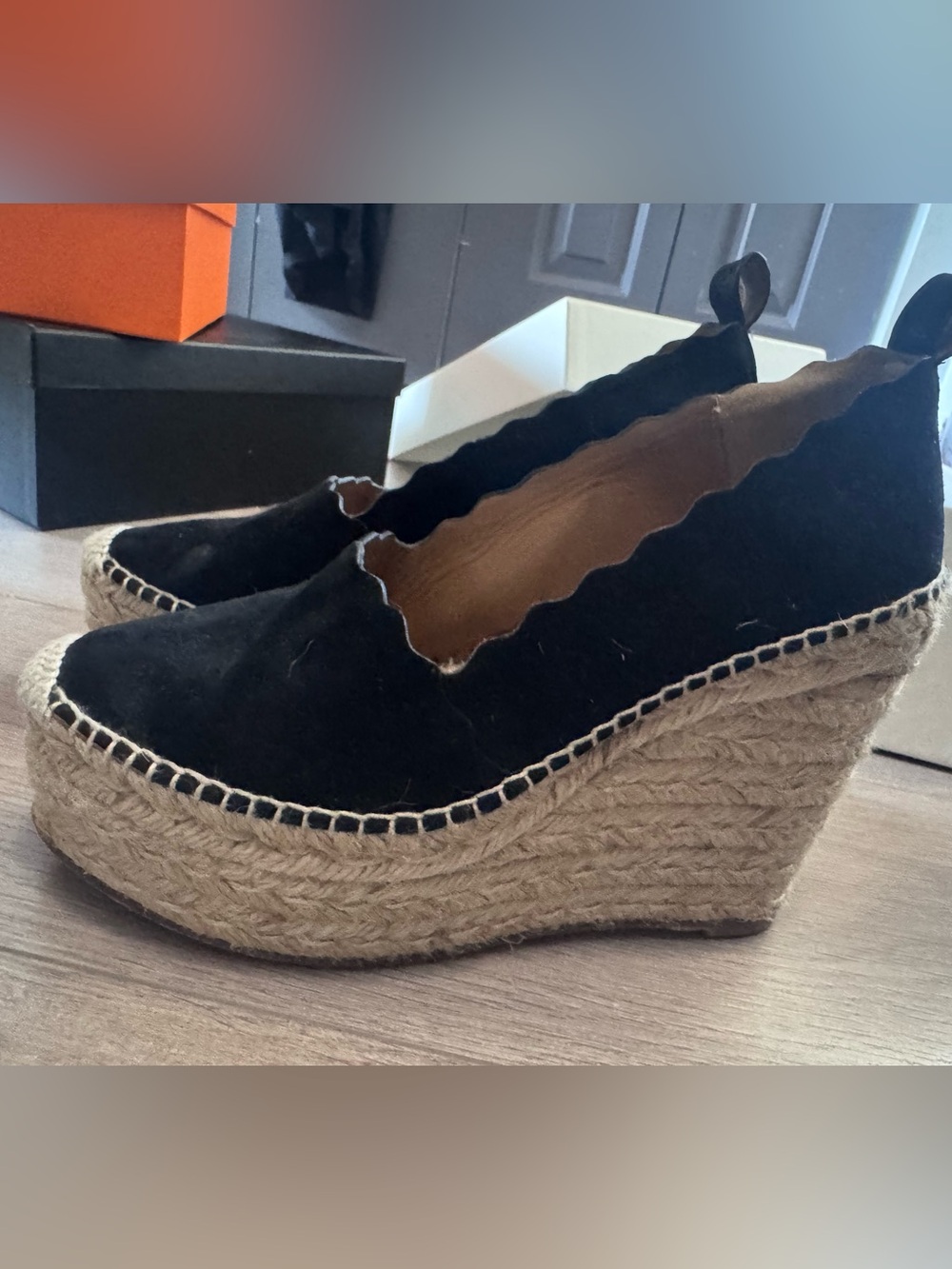 Chloe Black Scalloped Espadrille Wedge Slip-Ons